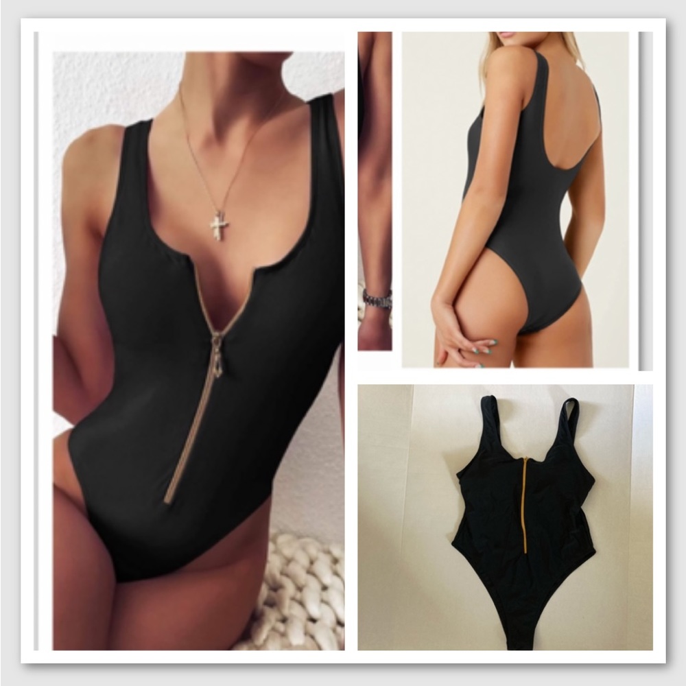 NWOT SheIn 1-pc Black Zipper Swimsuit High Thigh 80’s style size XL (fit Medium)